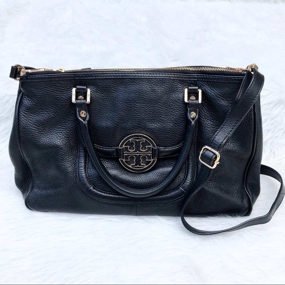 Tory Burch Black Leather Crossbody Satchel with Gold Hardware